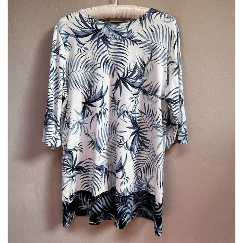 J. Jill Wearever Collection Tropical Leaf 3/4 Sleeve Tunic Top Blue Large Petite